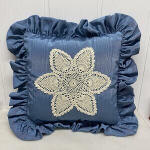 Vintage Blue Doily Ruffle Throw Pillow Accent Couch Bed Decorative
